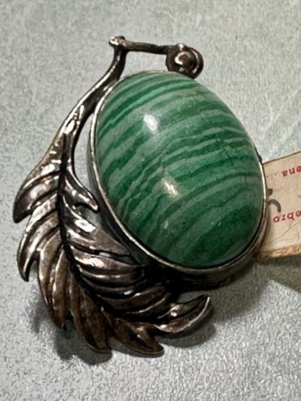 Vintage Jubilex Malachite and Sterling Silver Oval Stone with Leaf Brooch